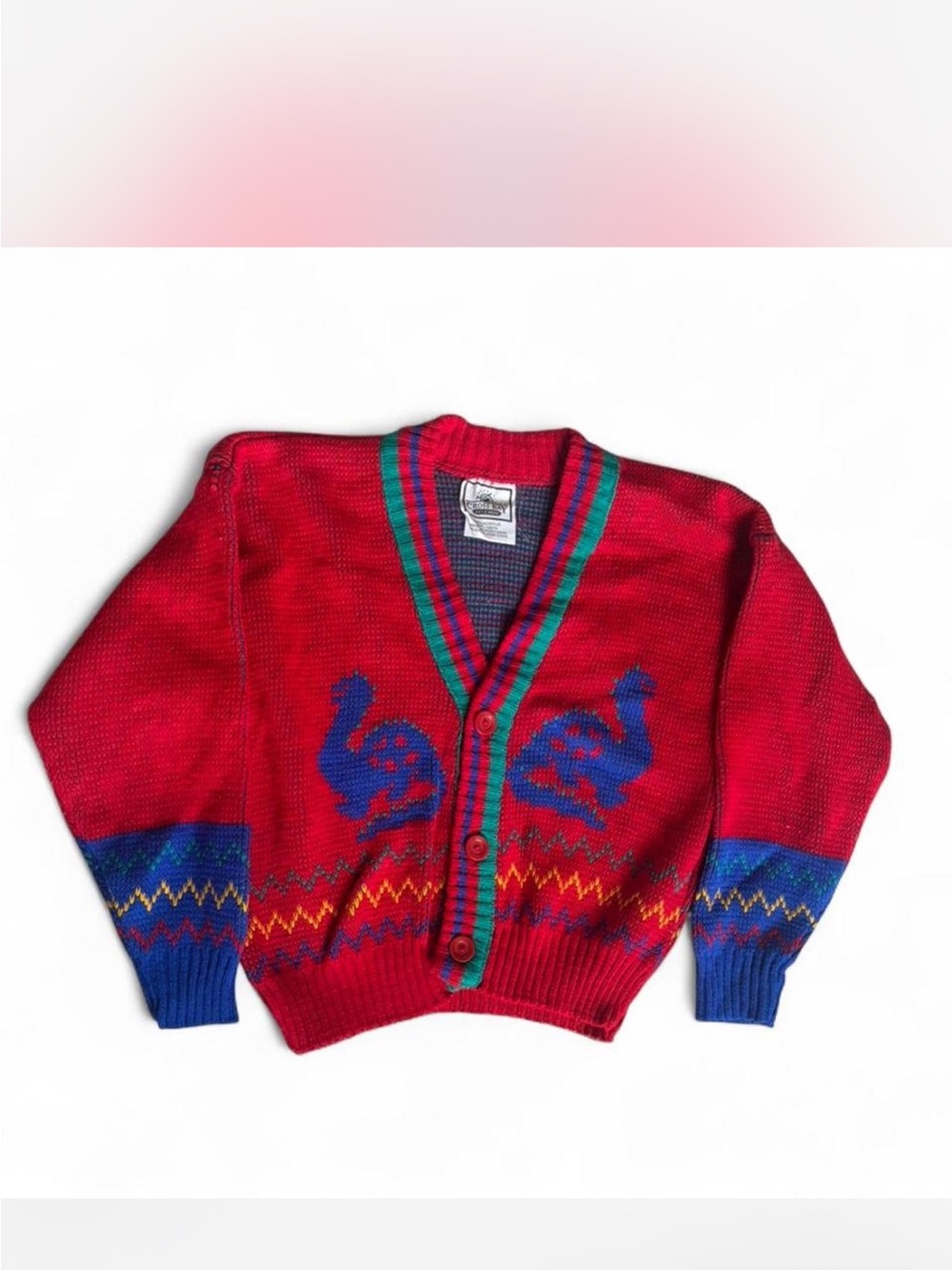 Vintage Cross Bay Red Knit Cardigan with Dragon Motif